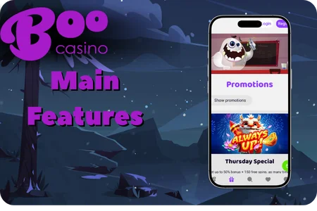 Account features and bonuses of BooCasino